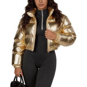 Women's Gold Polyester Metallic Shinny Cropped Zip Up Quilted Puffer Jacket